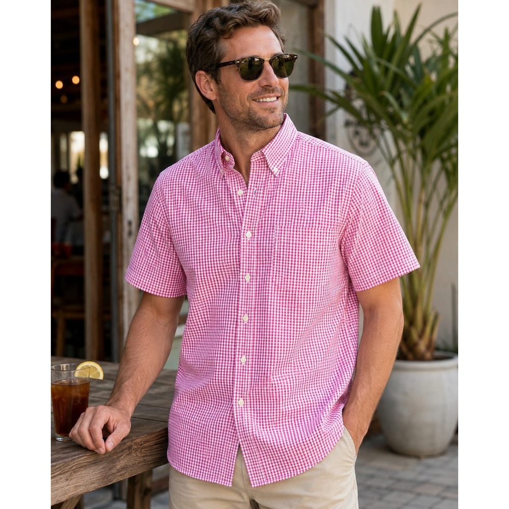 Brooks Brothers 1818 Regent Seersucker Shirt XL Pink Gingham Short Sleeve -3635